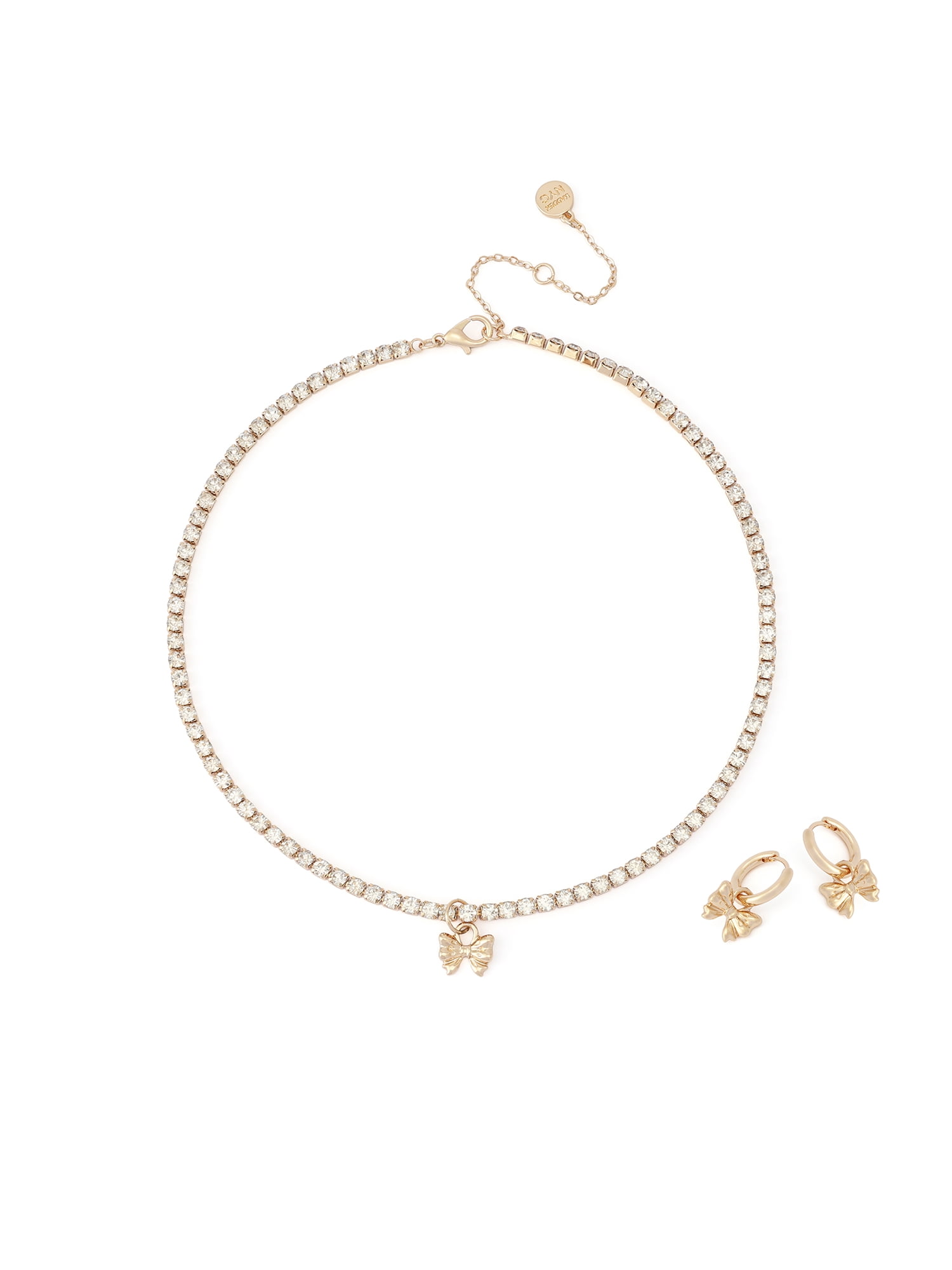 Madden NYC Women's Fashion Crystal Bow Hoop Earring & Necklace Jewelry Set