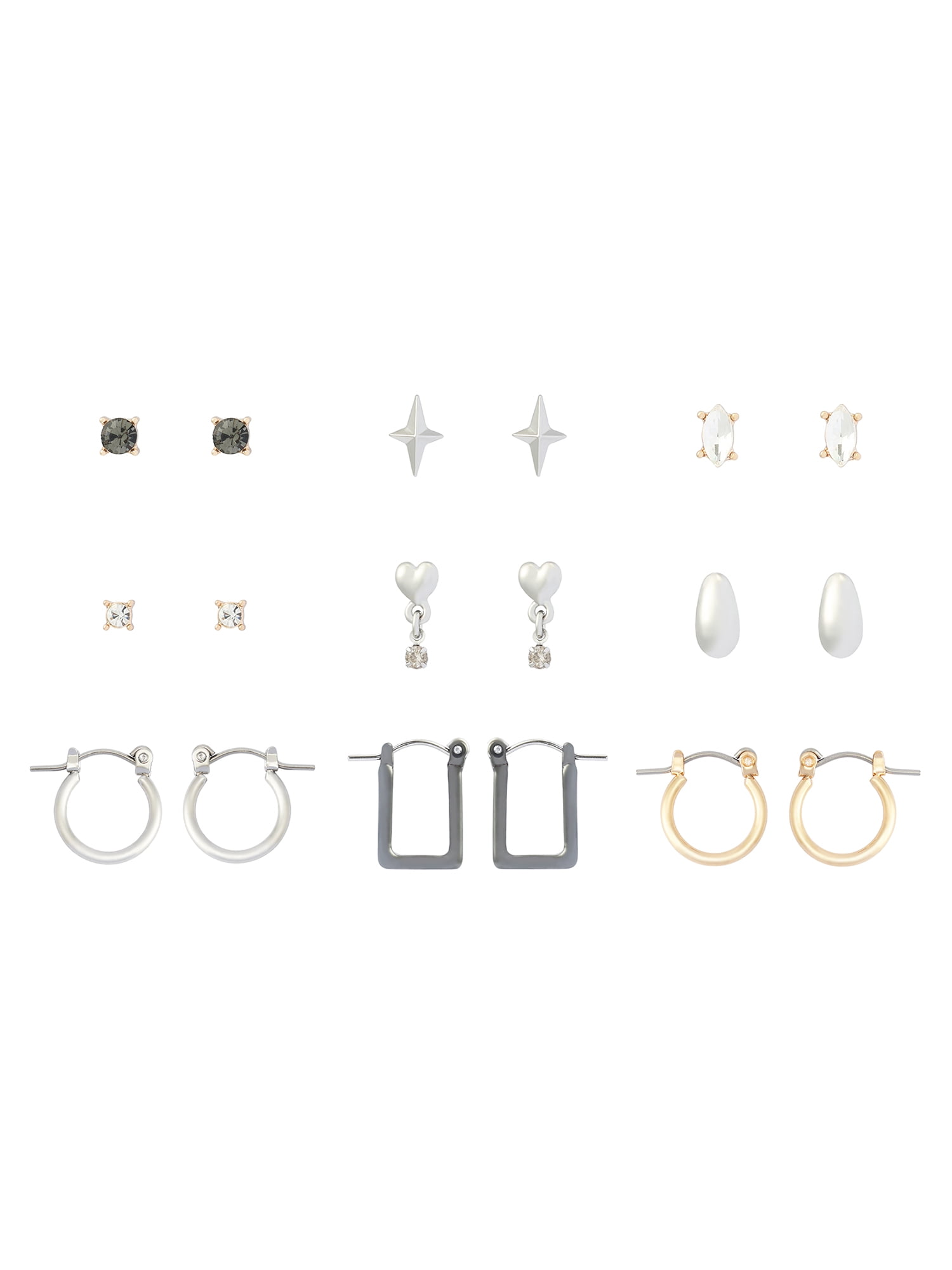 Madden NYC Women's Fashion Crystal Heart Stud & Hoop Earring 9-Piece Set