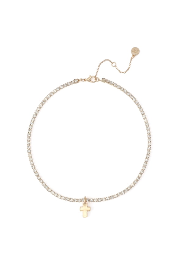 Women's Fashion Gold-Tone Cross Pendant Tennis Necklace