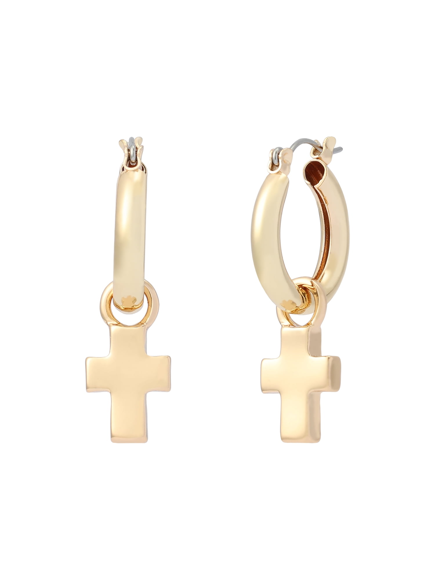 Madden NYC Women's Fashion Gold-Tone Cross Charm Huggie Earrings