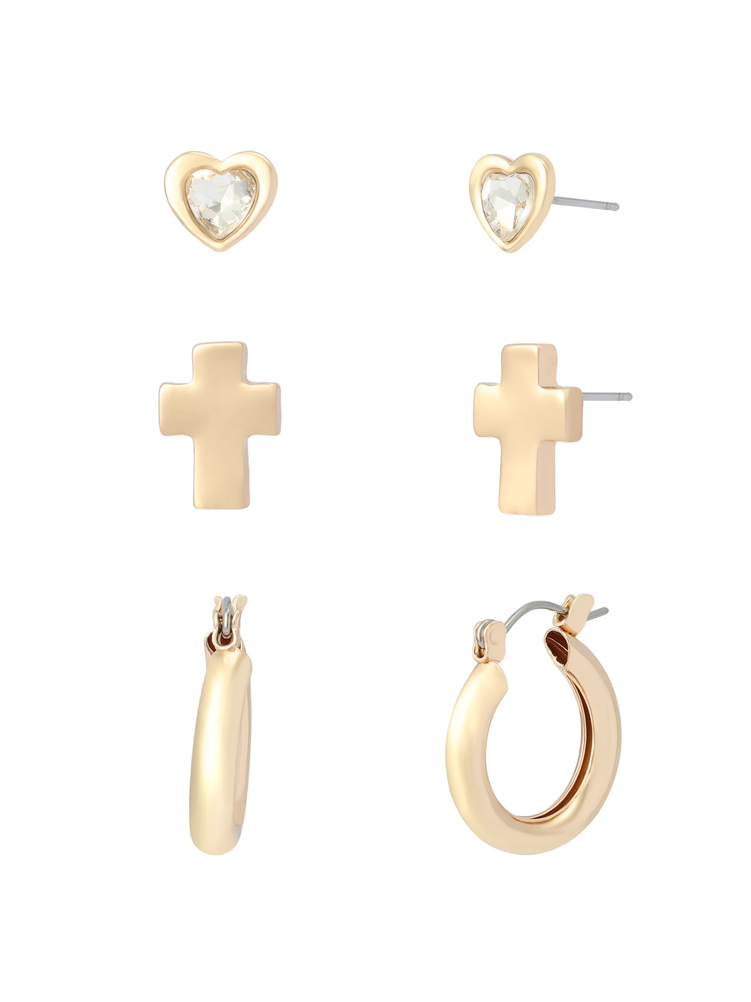 Madden NYC Women's Fashion Gold-Tone Cross Stud & Huggie 3-Piece Earring Set