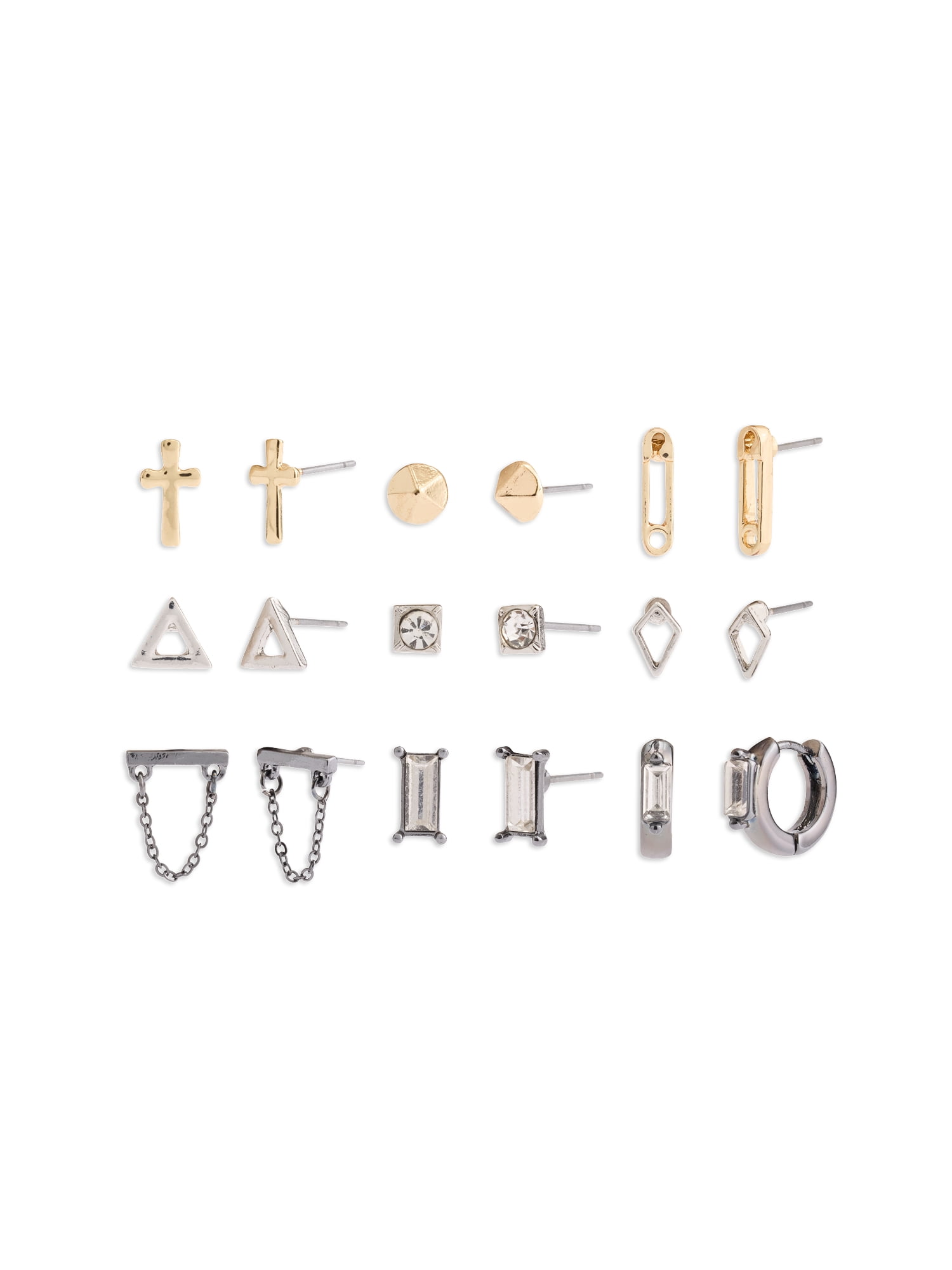 Women's Fashion Mixed Metal Stud and Baguette Huggie Mixed Earring Set, 9-Piece