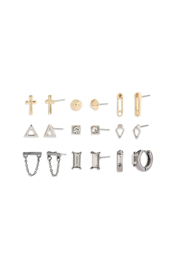 Women's Fashion Mixed Metal Stud and Baguette Huggie Mixed Earring Set, 9-Piece