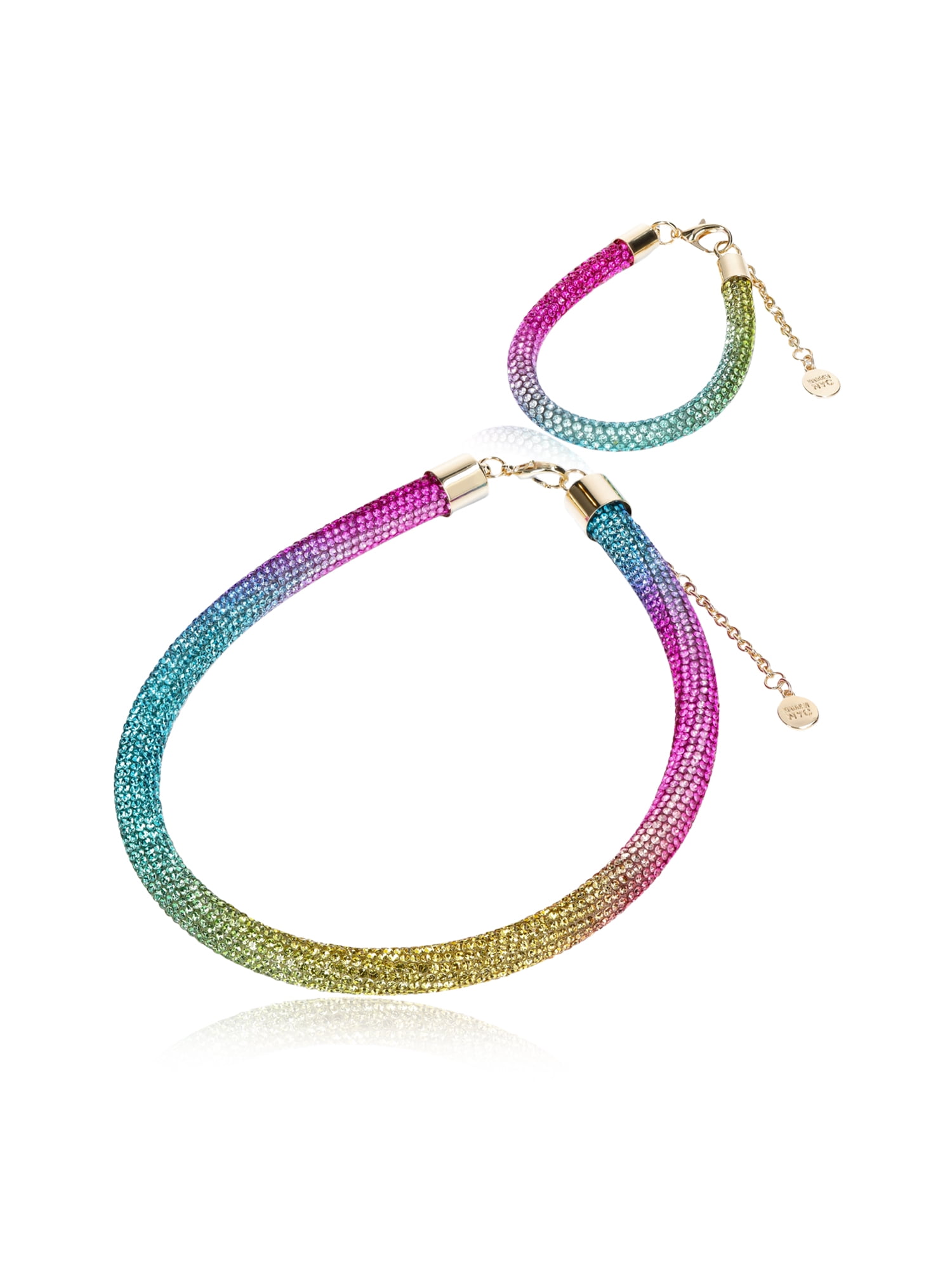 Women's Fashion Rainbow Tone Pavé Rope Necklace and Bracelet Jewelry Set, 2-Piece