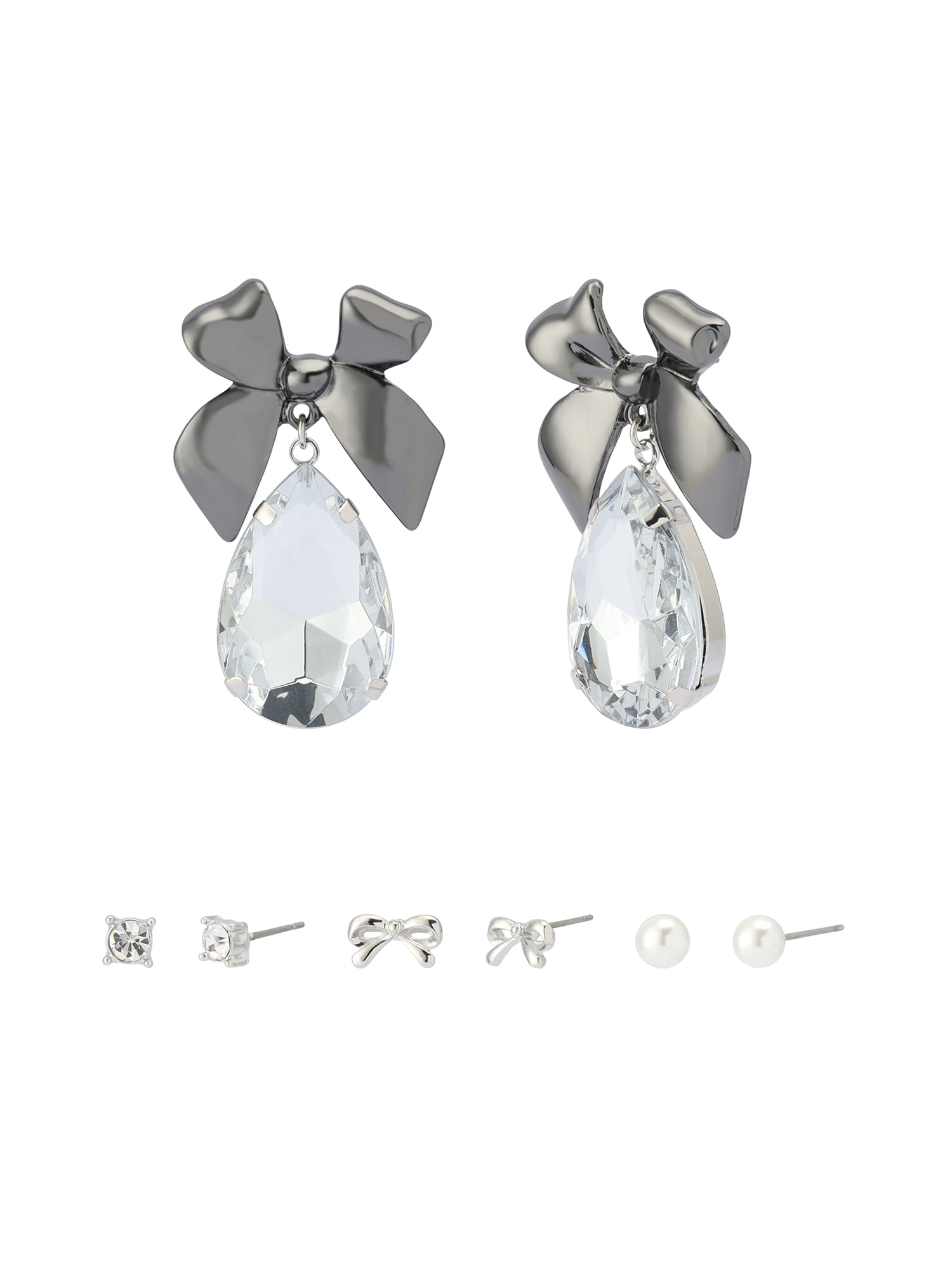 Madden NYC Women's Fashion Rhodium Bow Stone Gem Drop & Stud Earring 4-Piece Giftable Boxed Statement Set