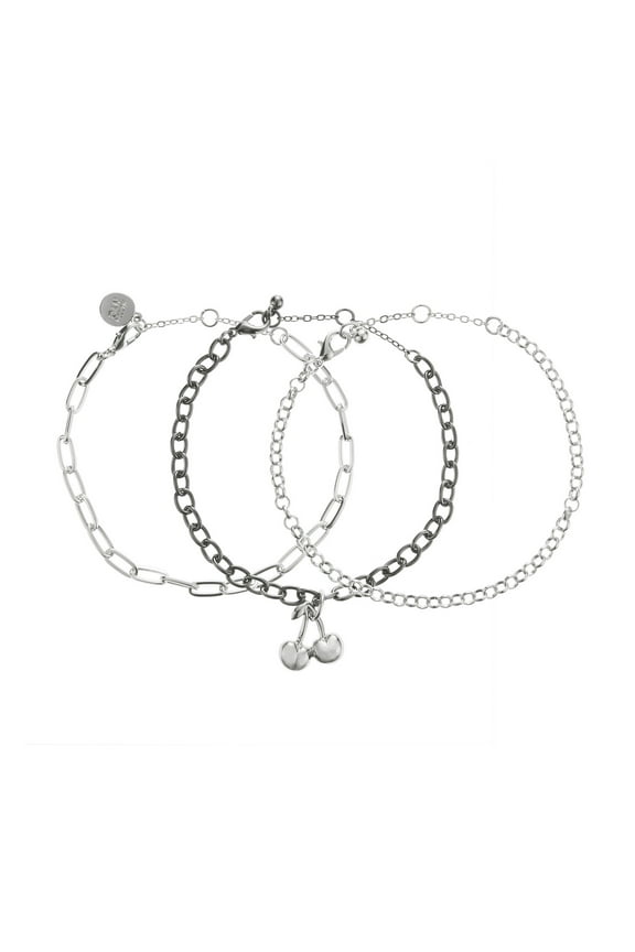Women's Fashion Rhodium Cherry Charm Chain 3-Piece Bracelet Set