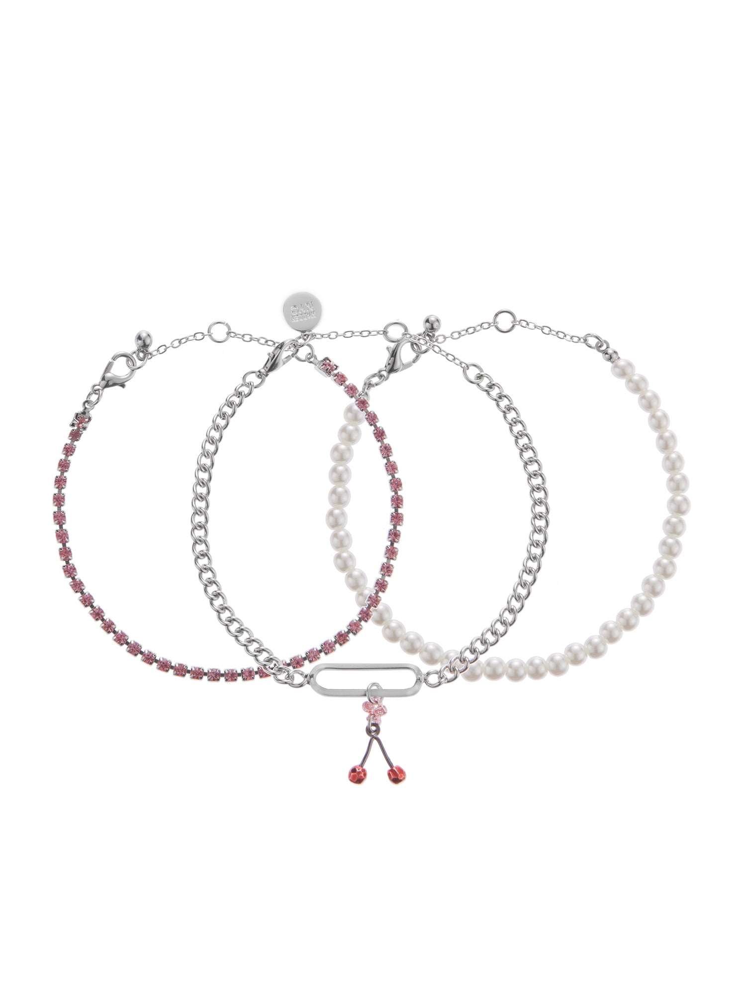 Madden NYC Women's Fashion Rhodium Cherry Mixed Charm Pearl Bracelet 3-Piece Set