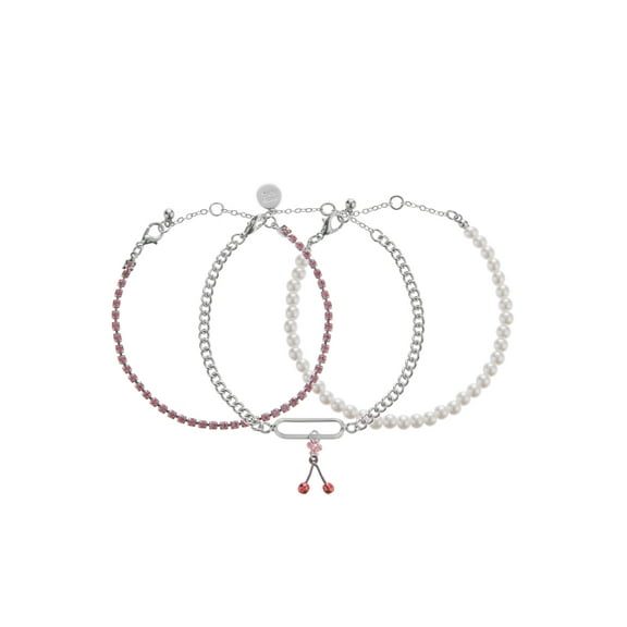 Madden NYC Women's Fashion Rhodium Cherry Mixed Charm Pearl Bracelet 3-Piece Set