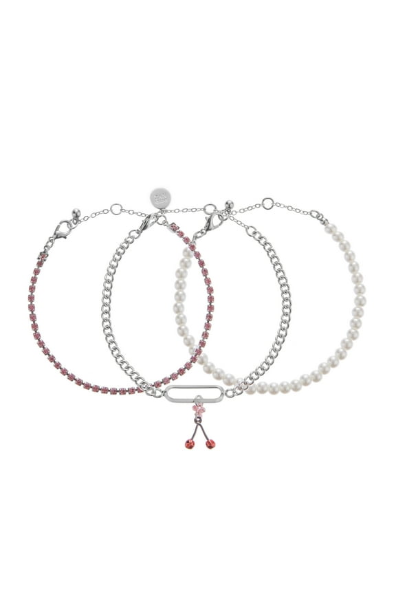 Women's Fashion Rhodium Cherry Mixed Charm Pearl Bracelet 3-Piece Set