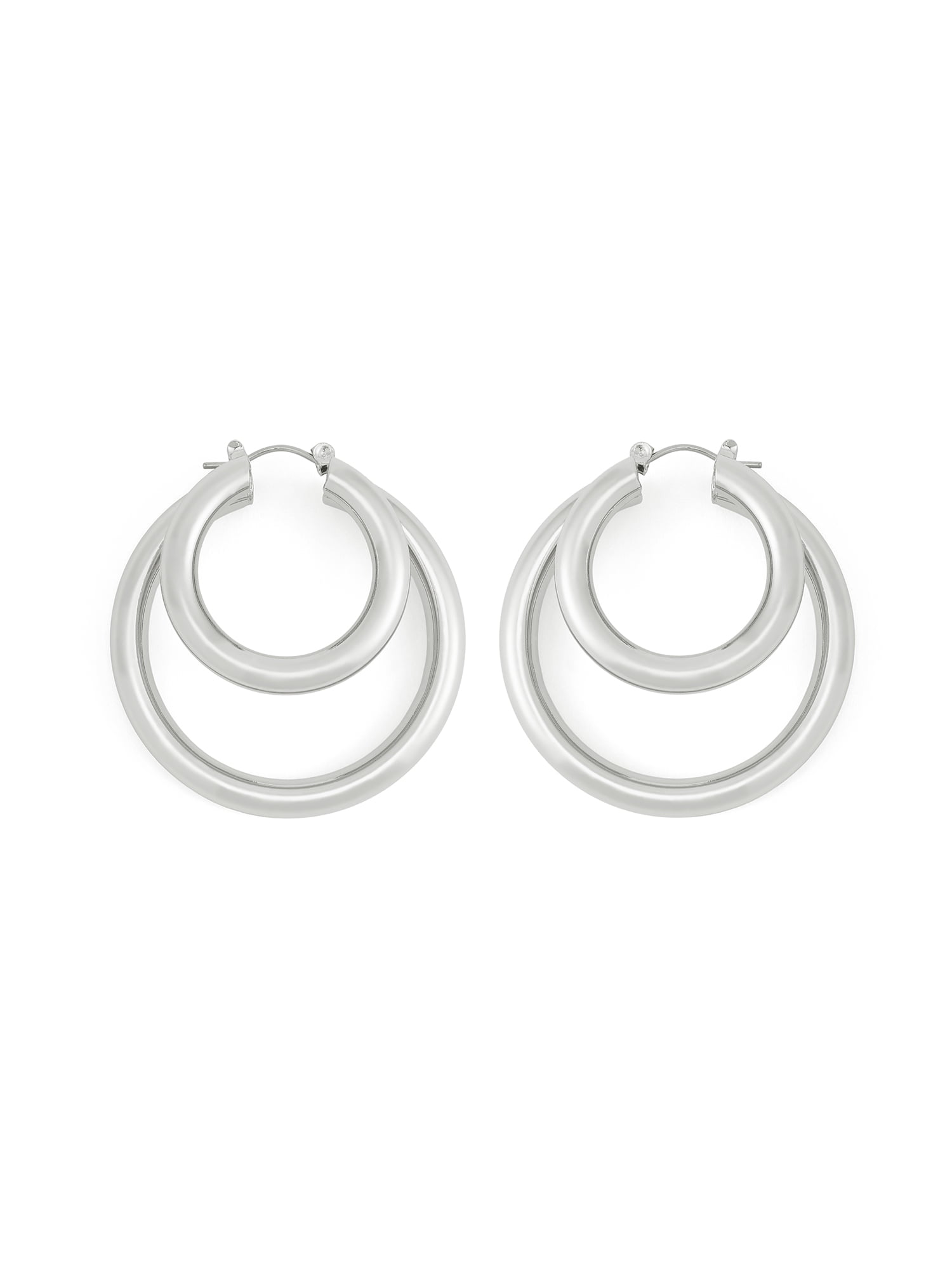 Madden NYC Women's Fashion Rhodium Double Layered Hoop Earrings