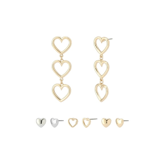 Madden NYC Women's Fashion Gold Heart Linear & Stud Earring 4-Piece Giftable Boxed Statement Set