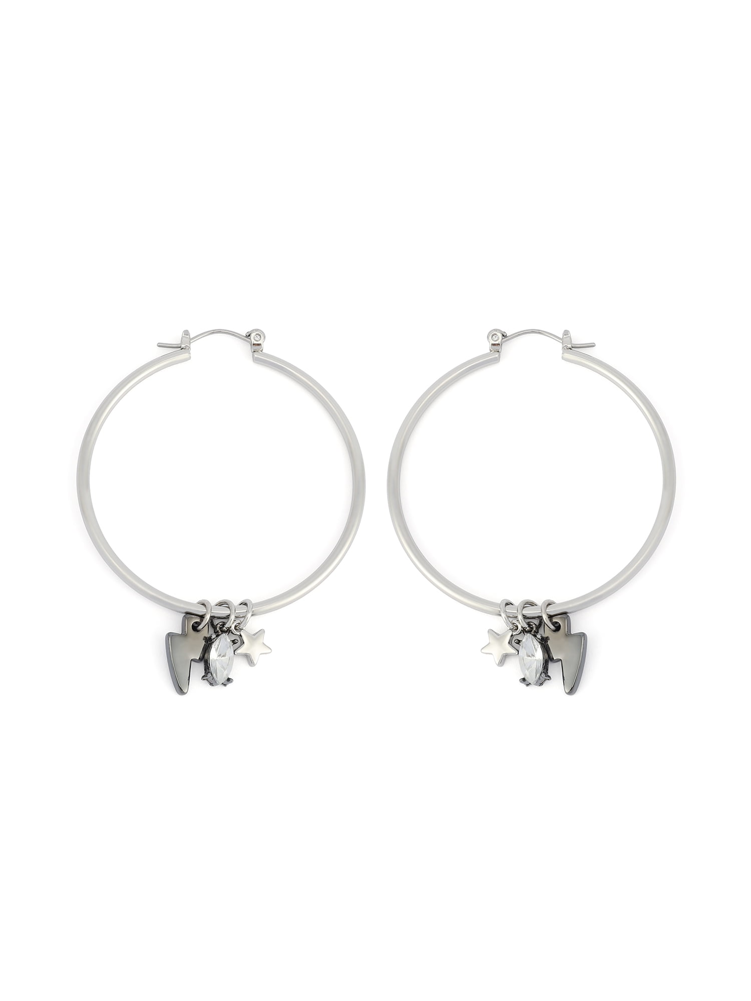 Madden NYC Women's Fashion Rhodium Lightning Bolt Charm Hoop Earrings
