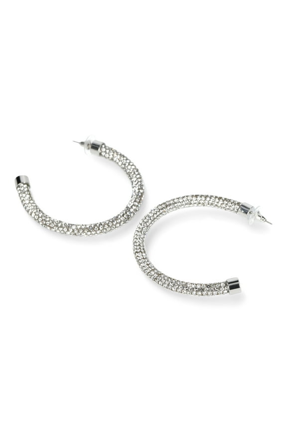 Women's Fashion Rhodium Pavé Tube Hoop Earrings
