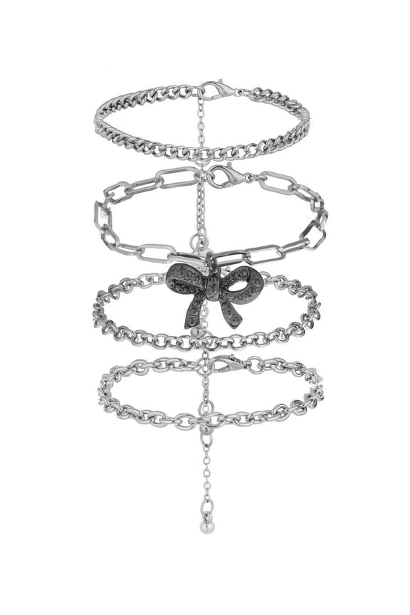 Women's Fashion Rhodium Romantic Bow Charm Bracelet 4-Piece Set