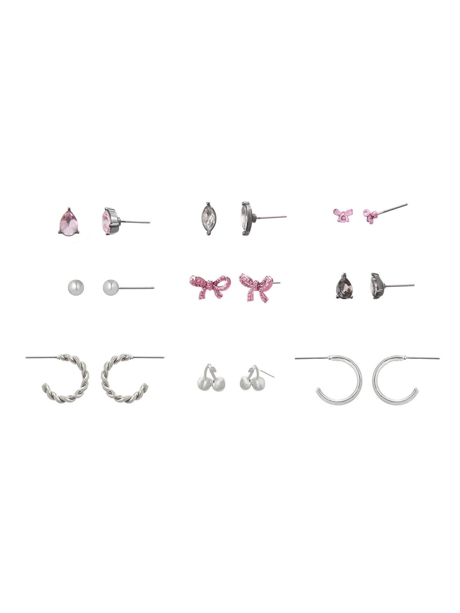 Madden NYC Women's Fashion Rhodium Romantic Bow & Cherry Earring 9-Piece Set