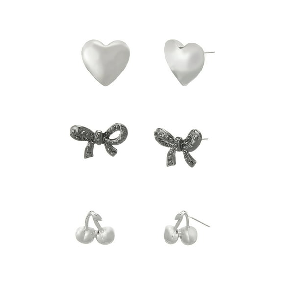 Madden NYC Women's Fashion Rhodium Romantic Bow & Cherry Stud Earring 3-Piece Set