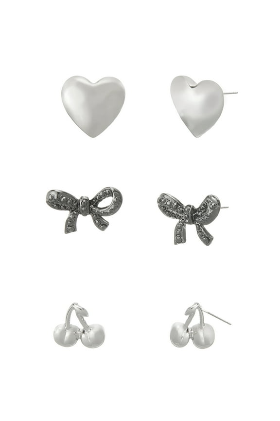 Women's Fashion Rhodium Romantic Bow & Cherry Stud Earring 3-Piece Set