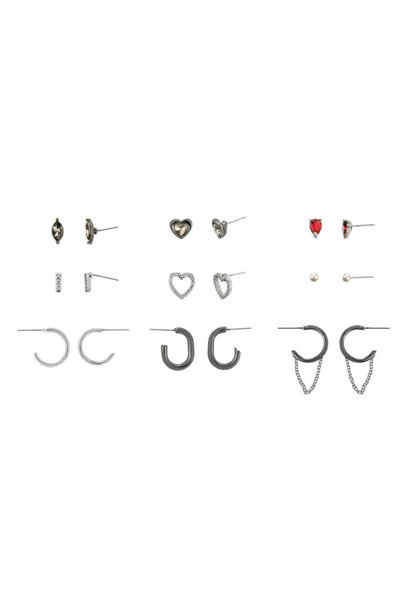 Women's Fashion Rhodium Romantic Heart & Pearl Earring 9-Piece Set