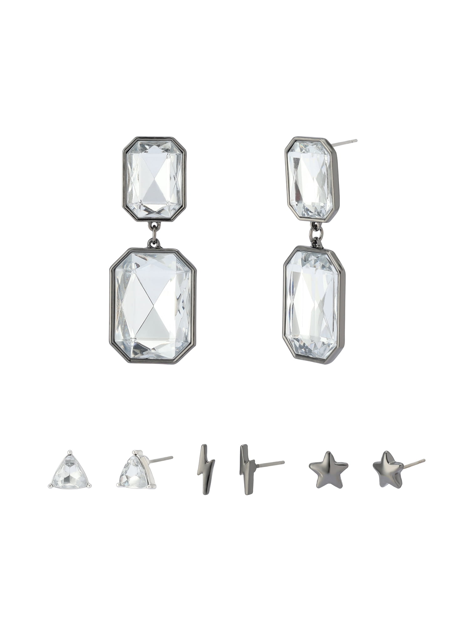 Women's Fashion Rhodium Stone Gem Drop & Stud Earring 4-Piece Giftable Boxed Statement Set