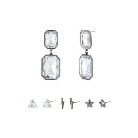 Madden NYC Women's Fashion Rhodium Stone Gem Drop & Stud Earring 4-Piece Giftable Boxed Statement Set