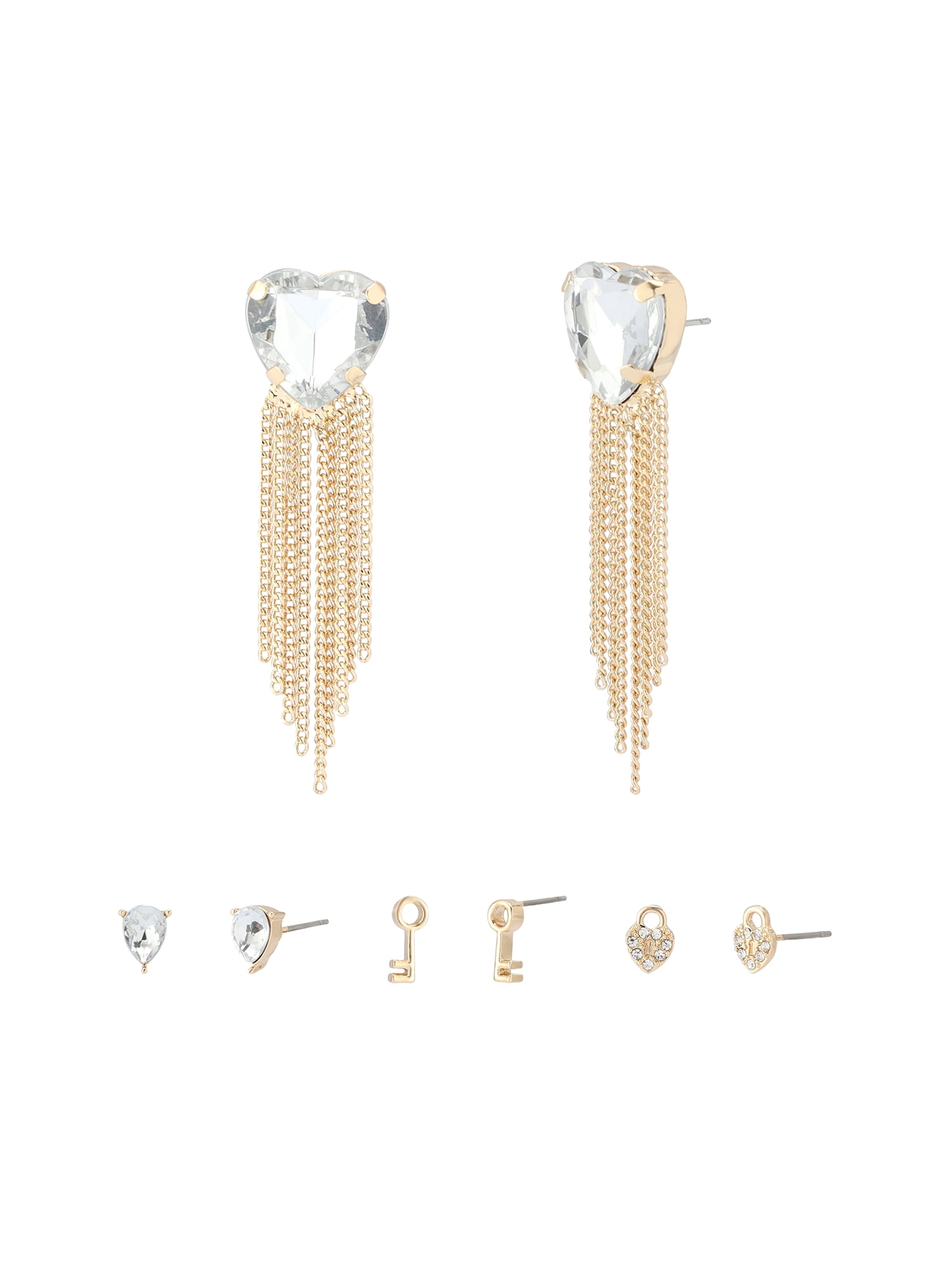 Women's Fashion Gold Stone Heart Fringe Drop & Stud Earring 4-Piece Giftable Boxed Statement Set