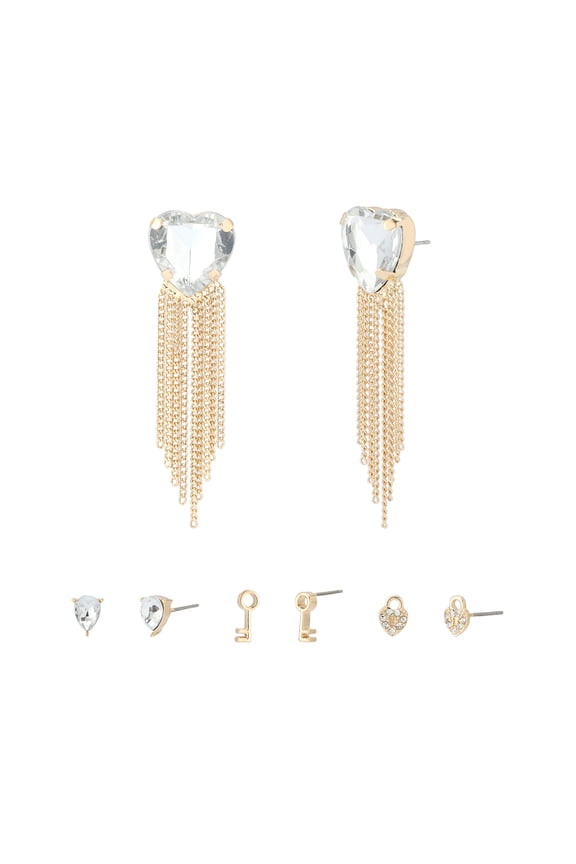 Women's Fashion Gold Stone Heart Fringe Drop & Stud Earring 4-Piece Giftable Boxed Statement Set