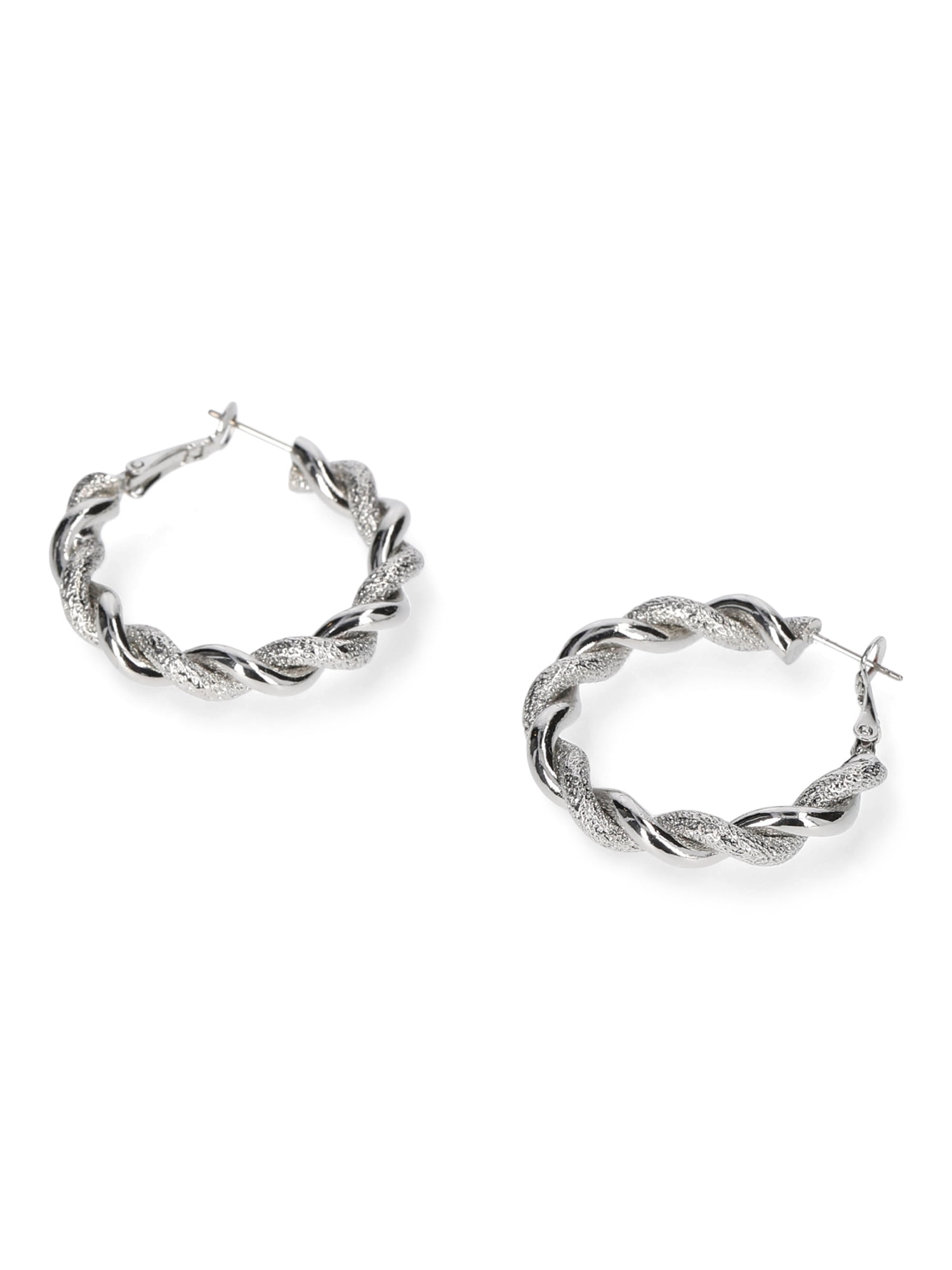 Madden NYC Women's Fashion Rhodium Textured Twist Medium Hoop Earrings