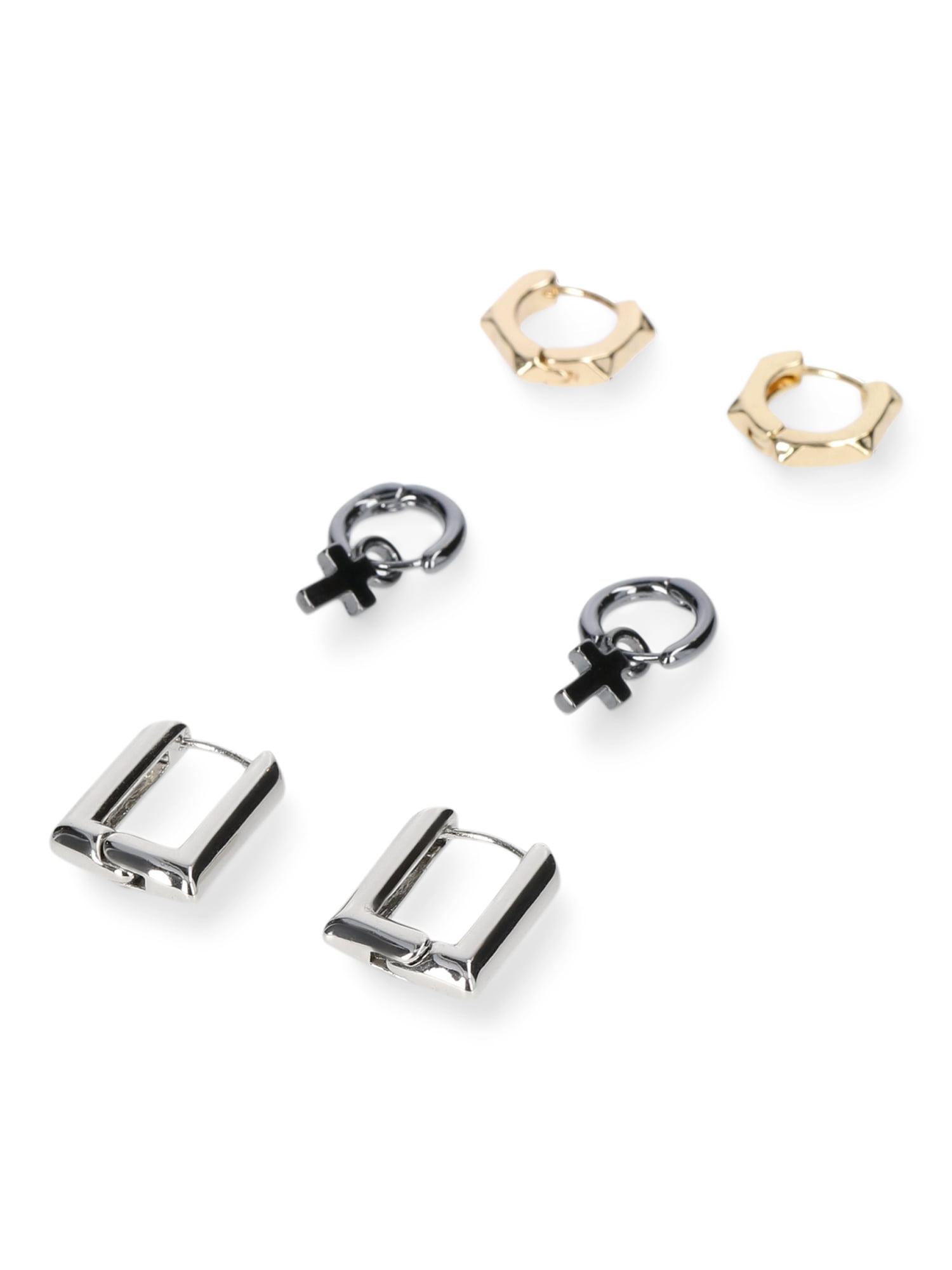 Women's Fashion Tri Tone Cross Charm Mixed Huggie Trio Earring Set