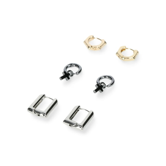 Madden NYC Women's Fashion Tri Tone Cross Charm Mixed Huggie Trio Earring Set