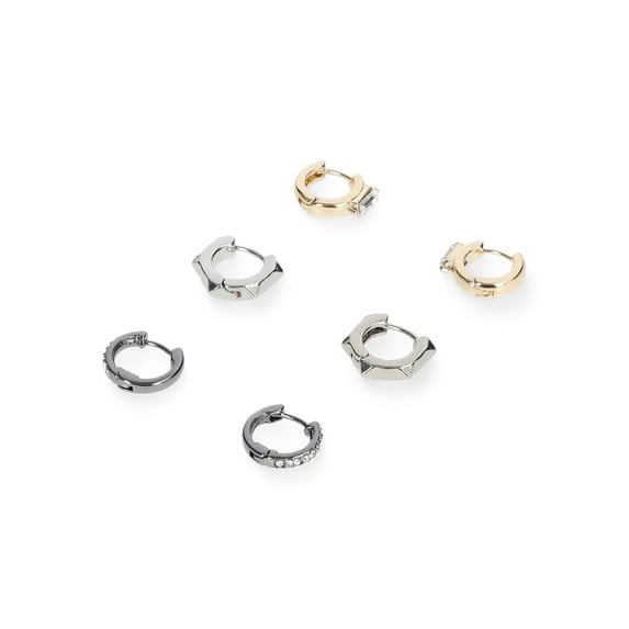 Madden NYC Women's Fashion Tri Tone Stone Mixed Huggie Trio Earring Set