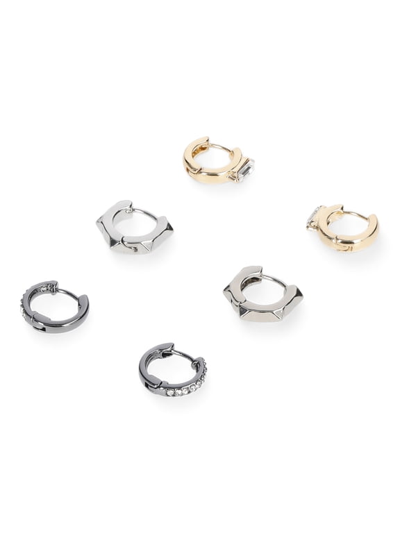 Women's Fashion Tri Tone Stone Mixed Huggie Trio Earring Set