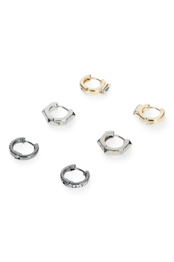 Women's Fashion Tri Tone Stone Mixed Huggie Trio Earring Set