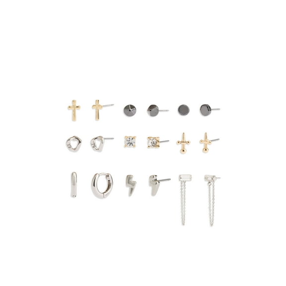 Madden NYC Women's Fashion Tri Tone Stud and Baguette Swag Chain Mixed Earring Set, 9-Piece