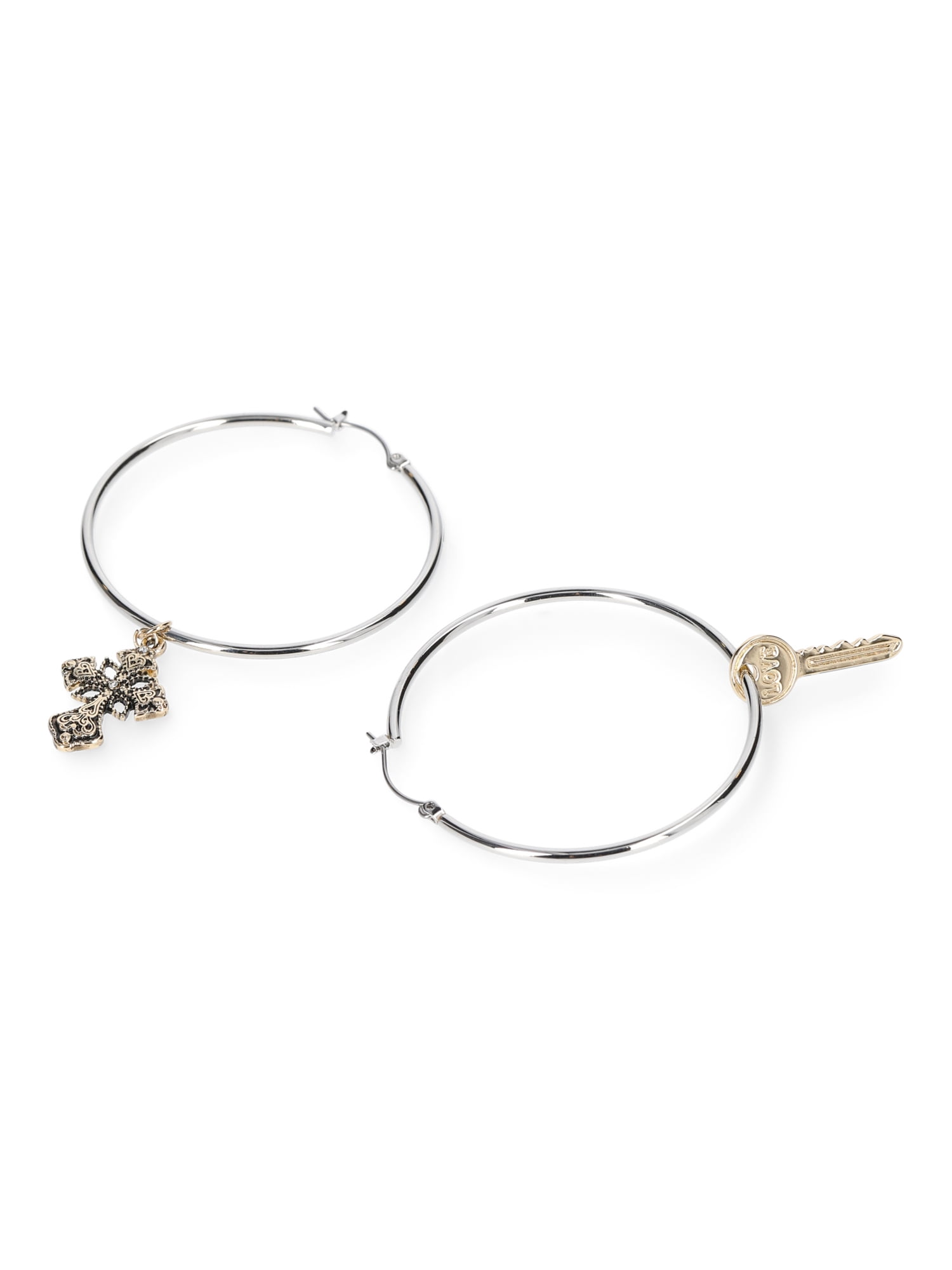 Madden NYC Women's Fashion Two Tone Cross and Key Charm Hoop