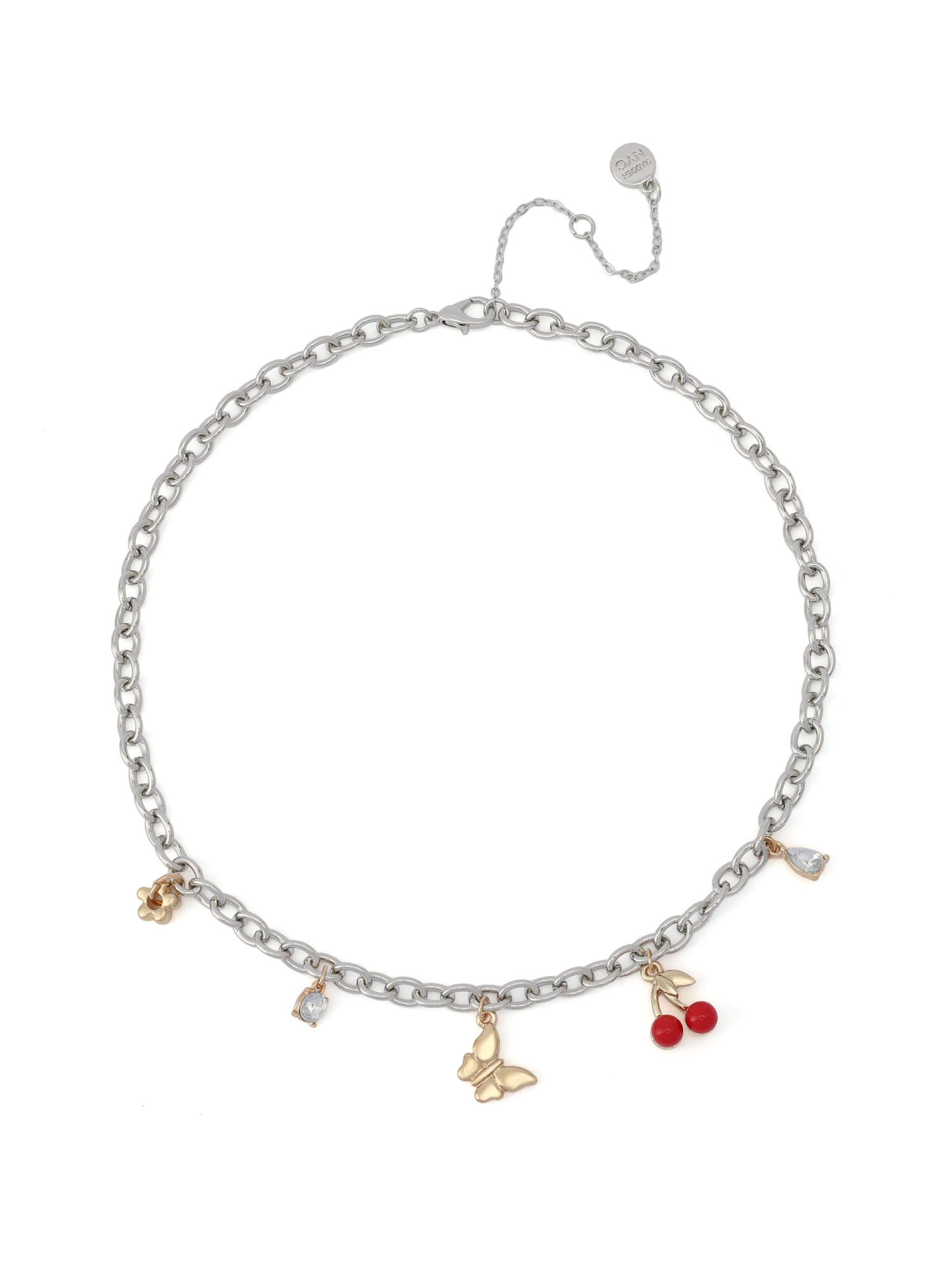 Madden NYC Women's Fashion Two-tone Butterfly & Cherry Charm Bib Necklace