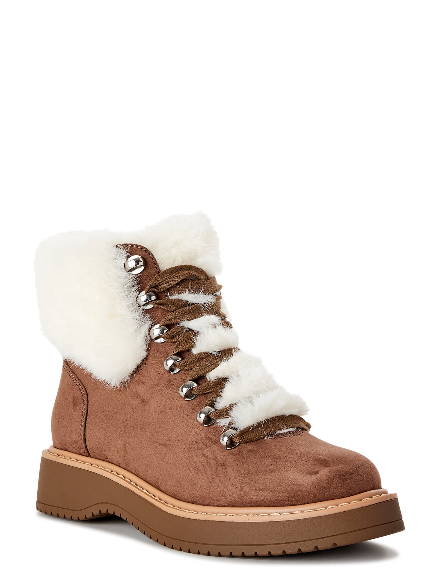 Madden NYC Women's Faux Fur Cuff Lace Up Booties - Walmart.com
