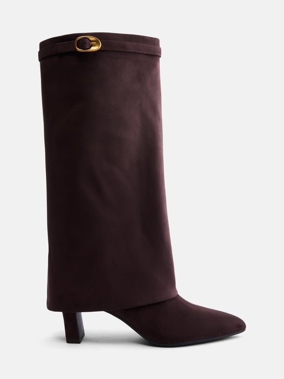 Women's Fold Over Faux Suede Buckle Boots