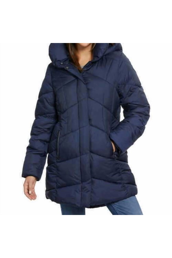 NYC Women's Full Zip and Button Removable Hood Puffer Jacket (Navy, Large)