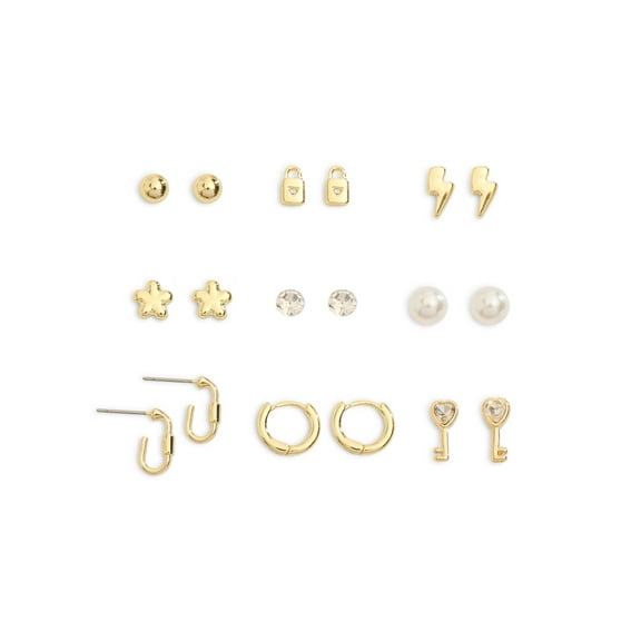 Madden NYC Women's Gold Tone Lightning Bolt & Flower Mixed Stud 9-Piece Earring Set
