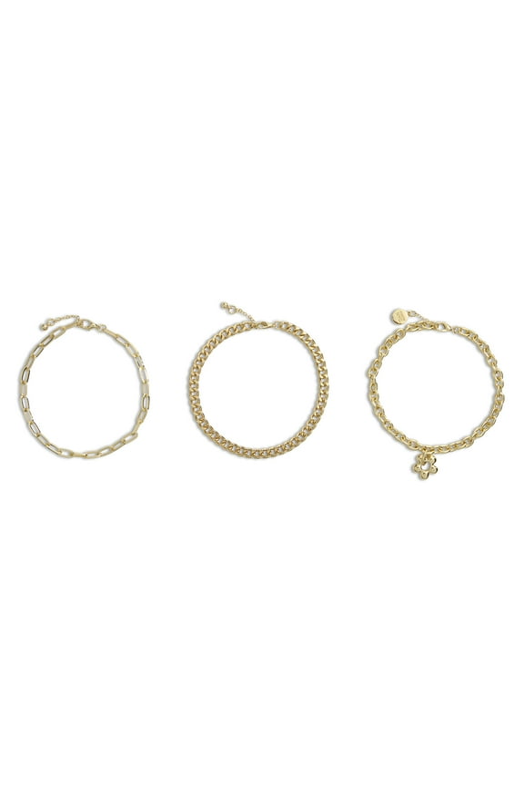 Women's Gold Tone Mixed Chain Puffy Heart Charm Anklet 3-Piece Set