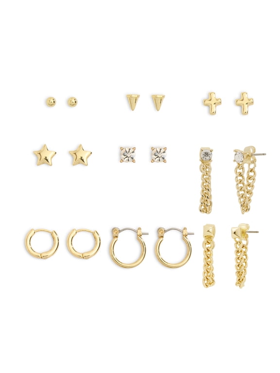 Women's Gold Tone Western Mixed Stud & Hoop 9-Piece Earring Set