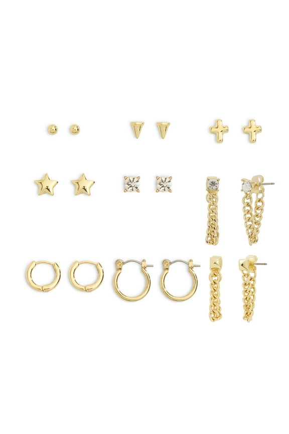 Women's Gold Tone Western Mixed Stud & Hoop 9-Piece Earring Set