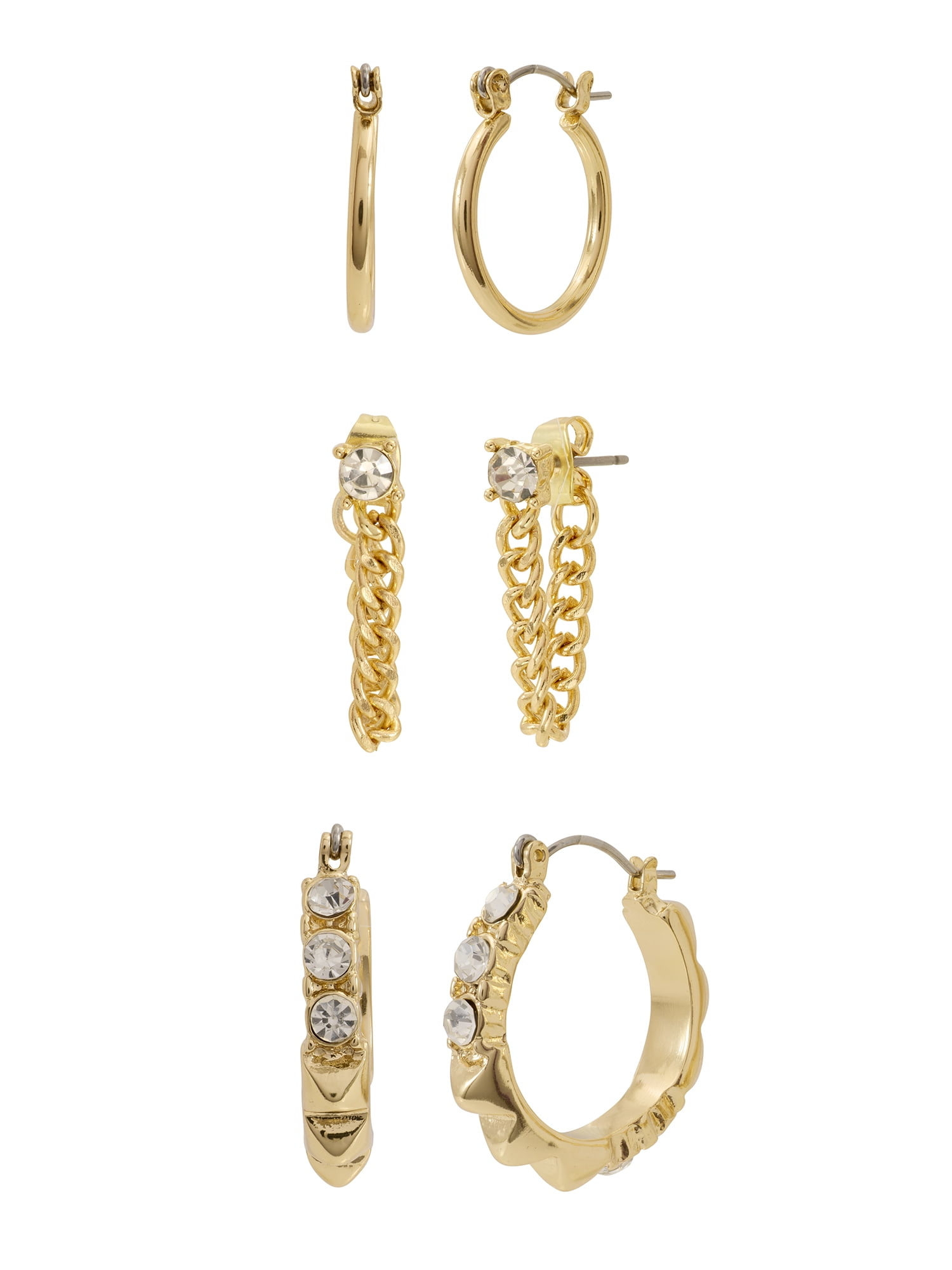 Madden NYC Women's Gold Tone Western Mixed Swag Chain & Hoop 3-Piece Earring Set