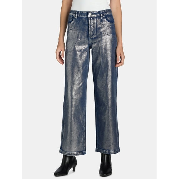 Madden NYC Women's High Rise Metallic Foil Relaxed Fit Jeans, 29” Inseam, Sizes XXS-XXL