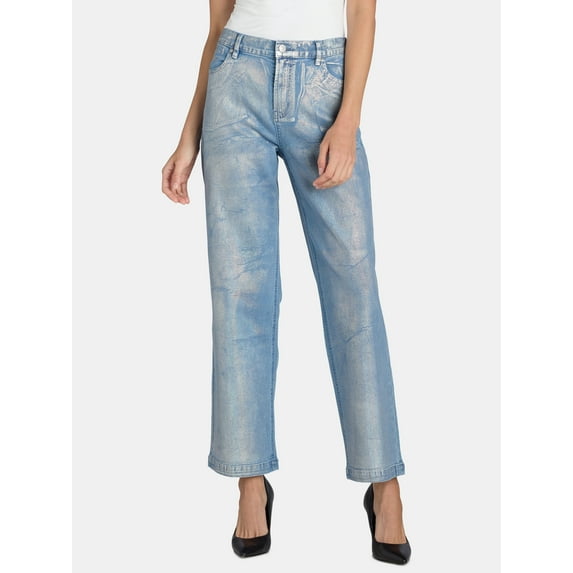 Madden NYC Women's High Rise Metallic Foil Relaxed Fit Jeans, 29” Inseam, Sizes XXS-XXL