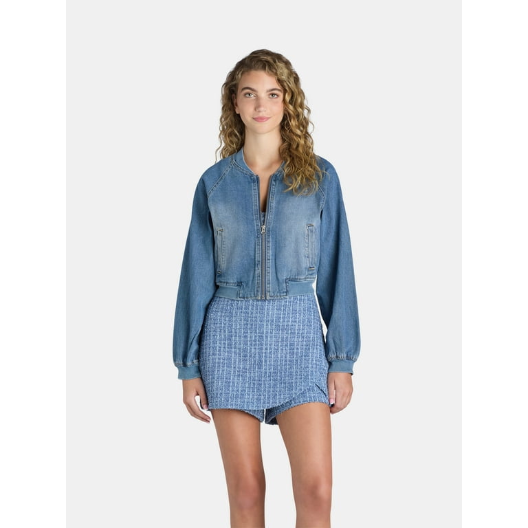 Madden NYC Juniors' Denim Bomber Jacket, Sizes XS-XXL Madden NYC Juniors' Denim Bomber Jacket, Sizes XS-XXL