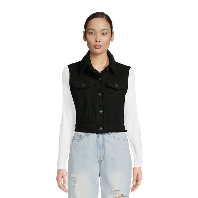 Madden NYC Women's Juniors Denim Vest with Faux Shearling Trim, Sizes