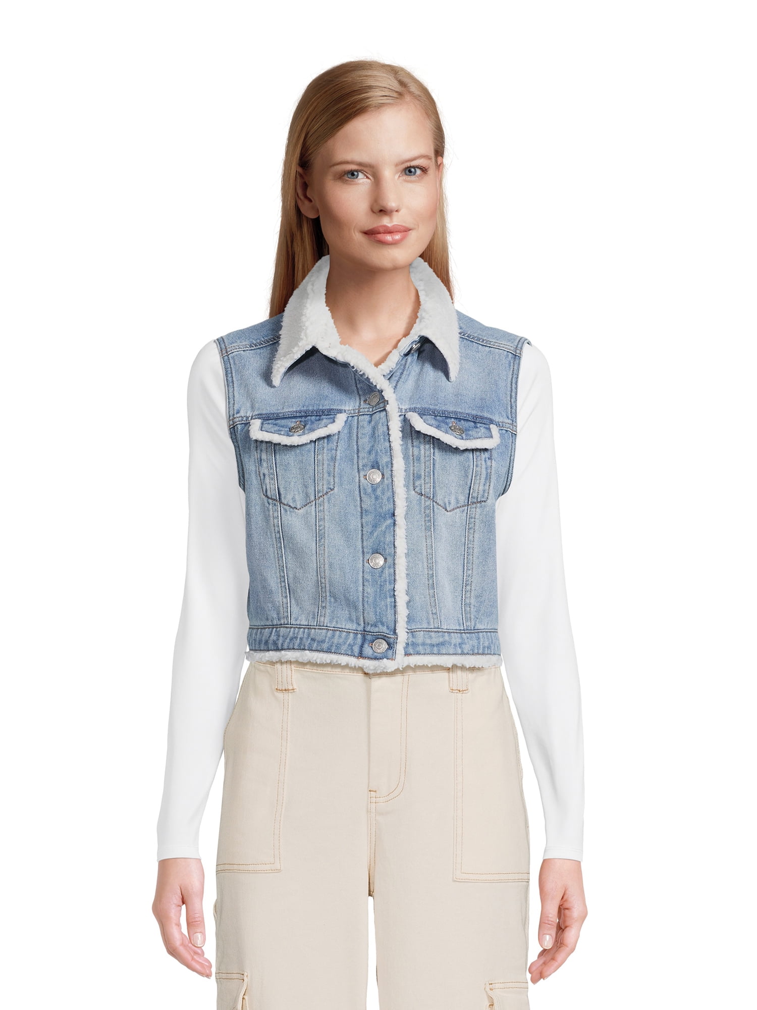 Madden NYC Women's Juniors Denim Vest with Faux Shearling Trim, Sizes