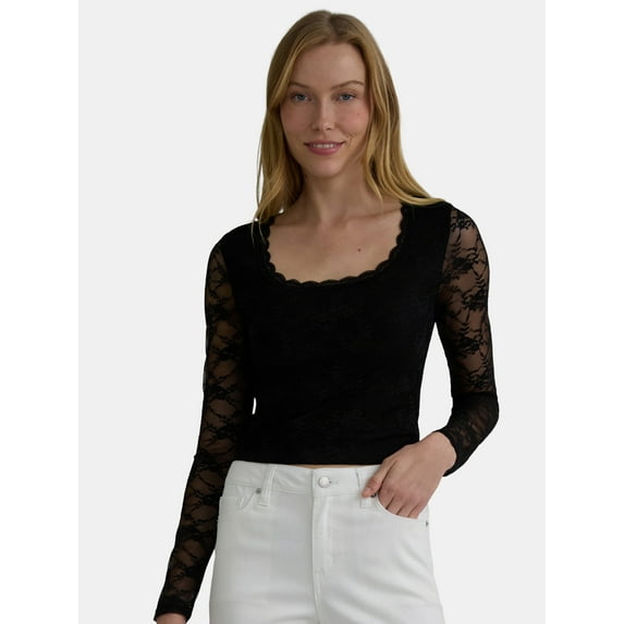Madden NYC Women's Lace Scoop Neck Top with Long Sleeves, Sizes XXS-XXL