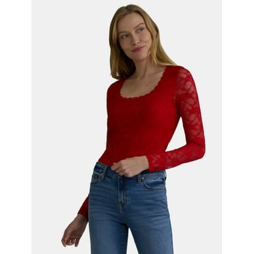 Madden NYC Women's Lace Scoop Neck Top with Long Sleeves, Sizes XXS-XXL
